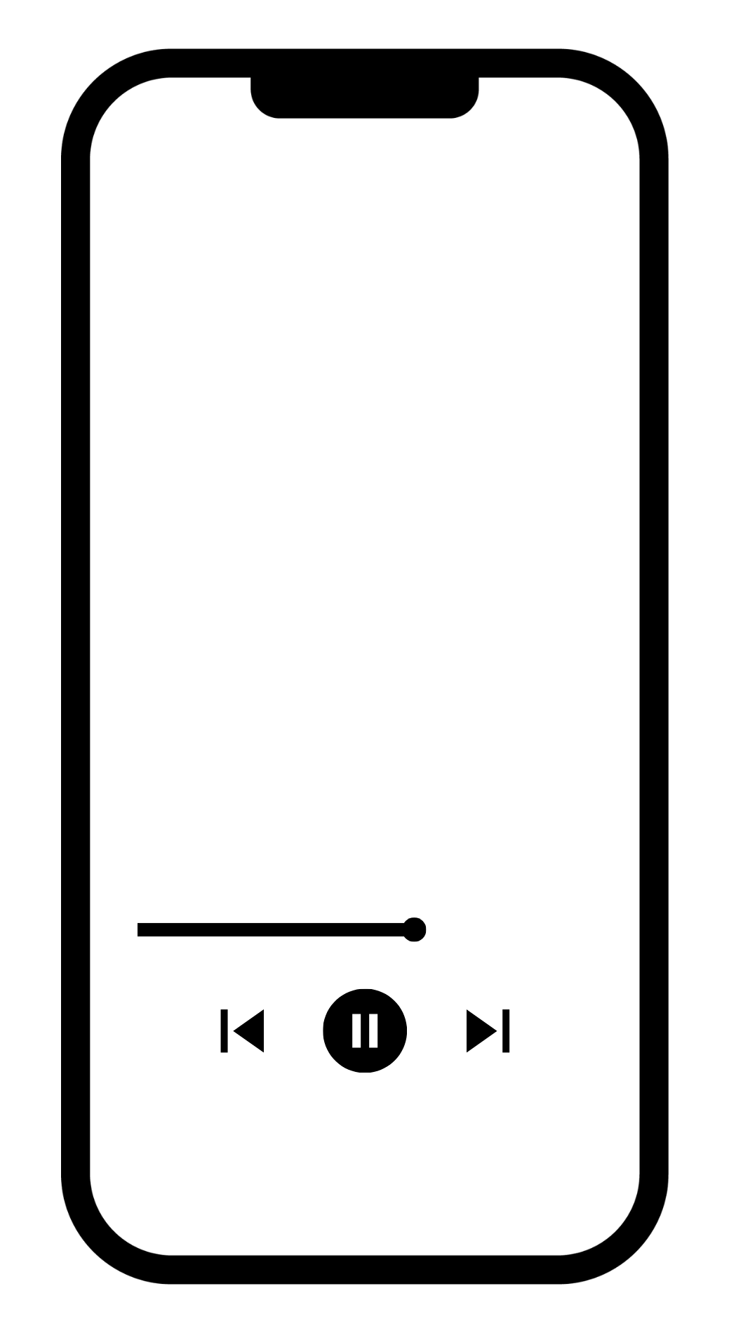 A black and white smartphone screen displaying a music player interface with a paused song, volume slider, and back, pause, and forward buttons.