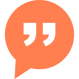 An orange speech bubble with black quotation marks inside.