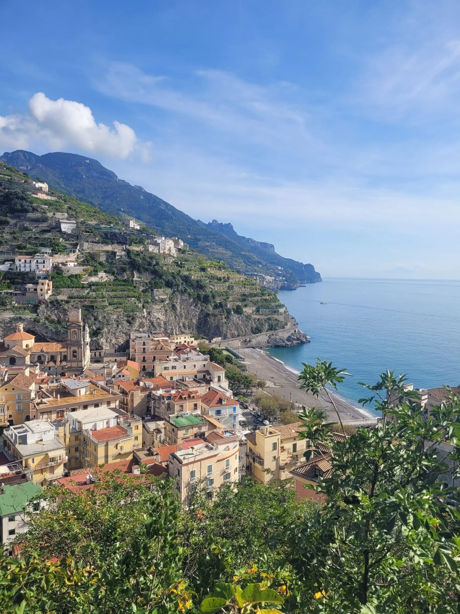 Coastal town with colorful buildings, green trees in the foreground, hillside terraced vineyards, and a calm sea under a partly cloudy sky.