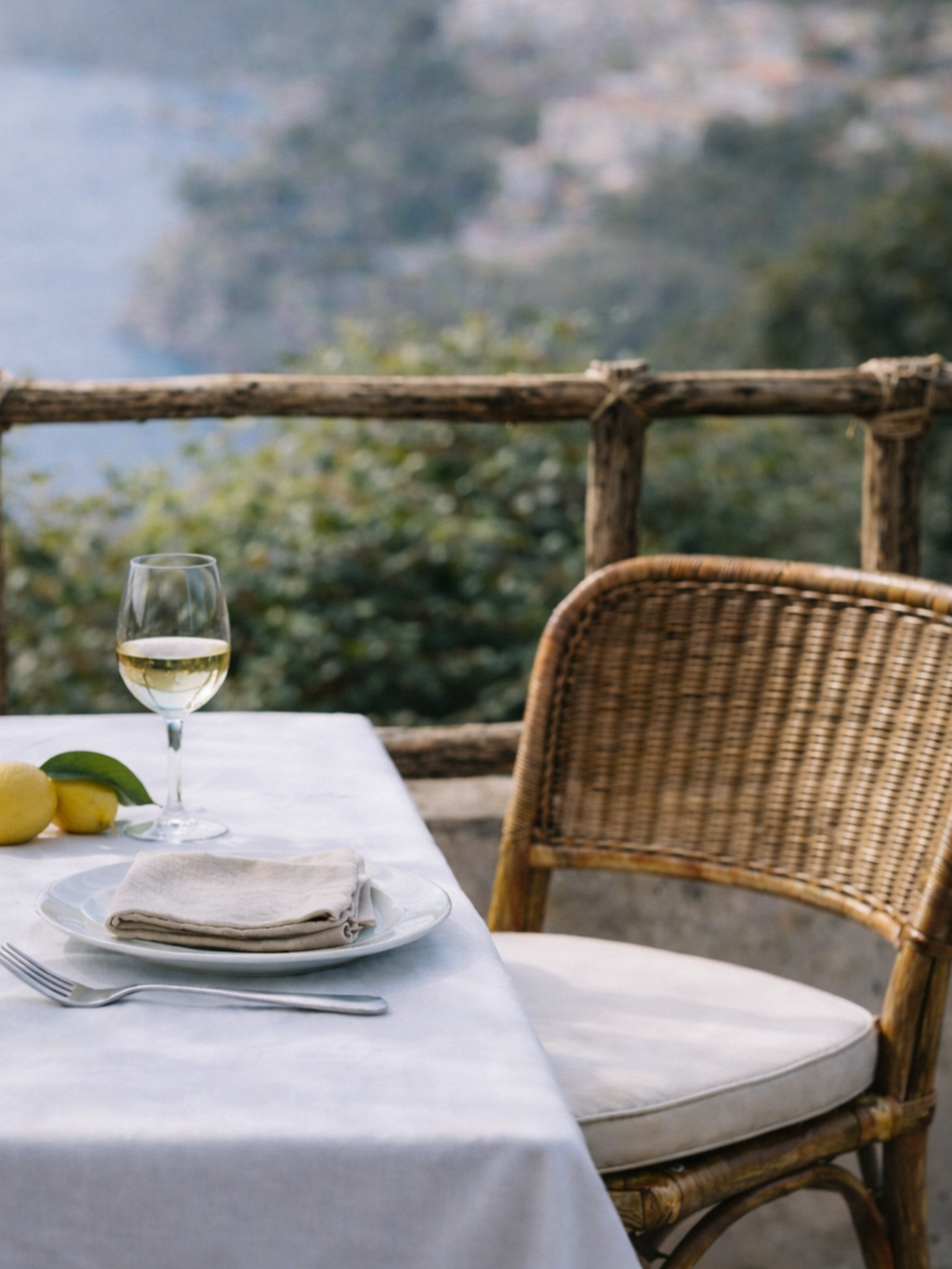 Outdoor dining table with a glass of white wine, a lemon, a white plate with a napkin, and a fork, set beside a wicker chair on a patio overlooking a scenic landscape.