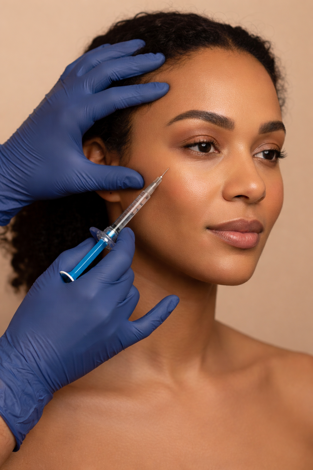 A woman receiving a cosmetic injection in her face from a medical professional wearing blue gloves.