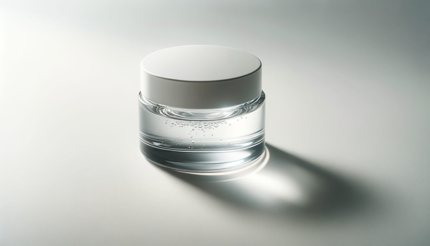 A clear glass jar with a white lid, containing a transparent gel with small bubbles, placed on a white surface with soft lighting and shadow.