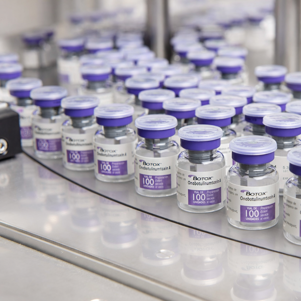 Multiple small vials labeled 'Botox OnabotulinumtoxinA' with purple caps, arranged in rows on a reflective surface in a laboratory or medical setting.