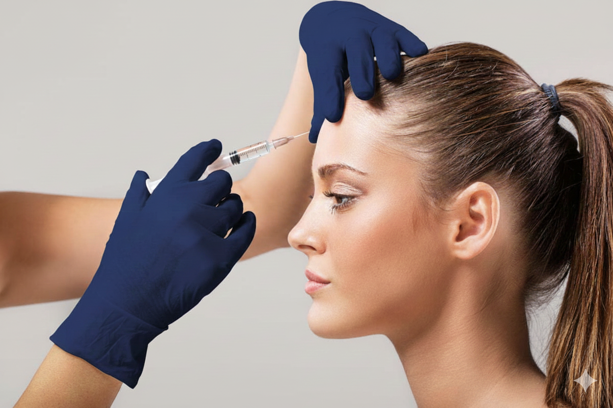 A woman receiving a cosmetic injection in her forehead by a healthcare professional wearing blue gloves.