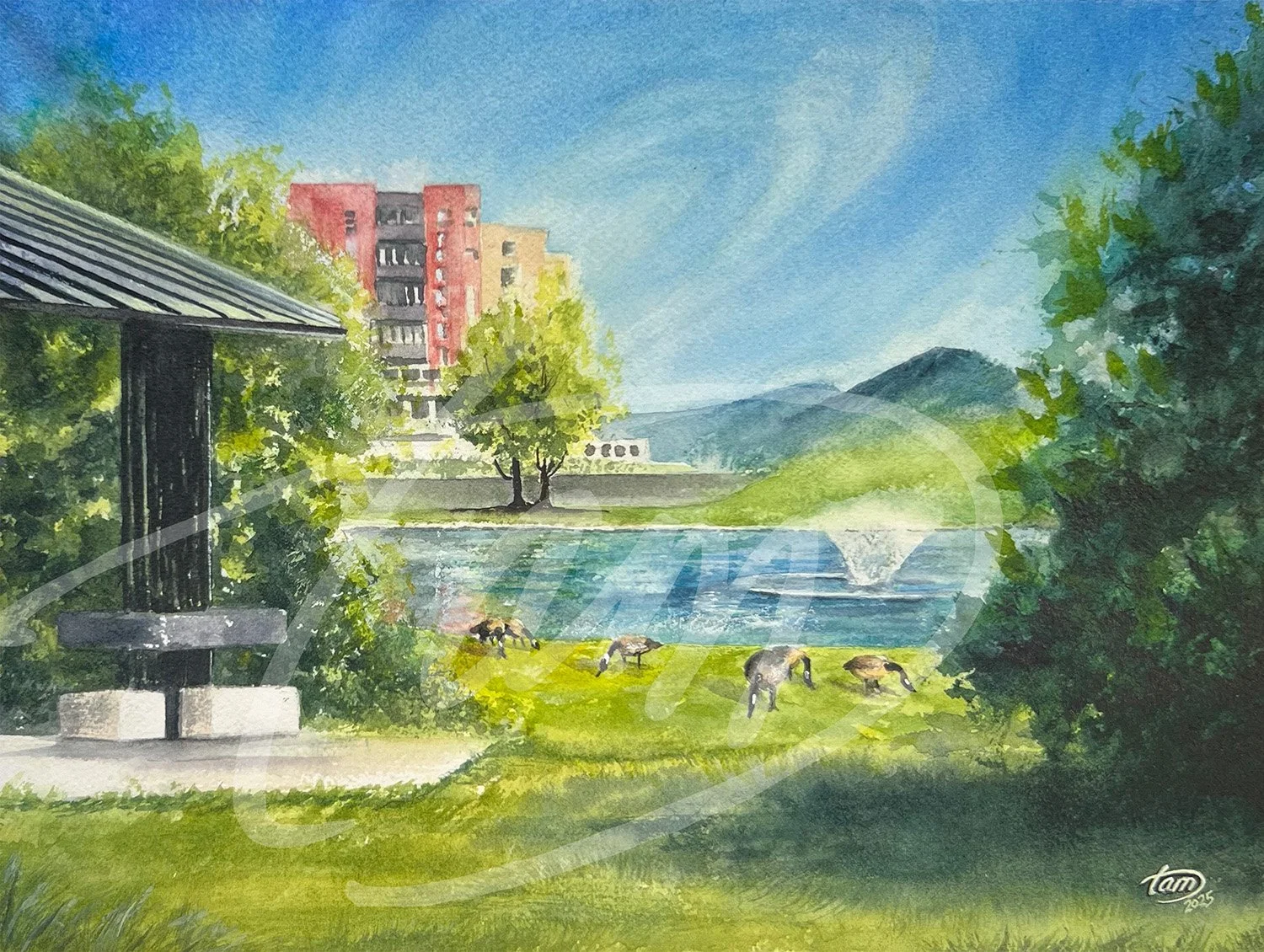   Sugarhouse Congregation   – In the shade of mature trees at Sugarhouse Park (Sugarhouse, Utah), geese gather quietly on an open lawn. Beyond them, a fountain stirs the lake, while city buildings rise against distant Wasatch mountains. This moment —