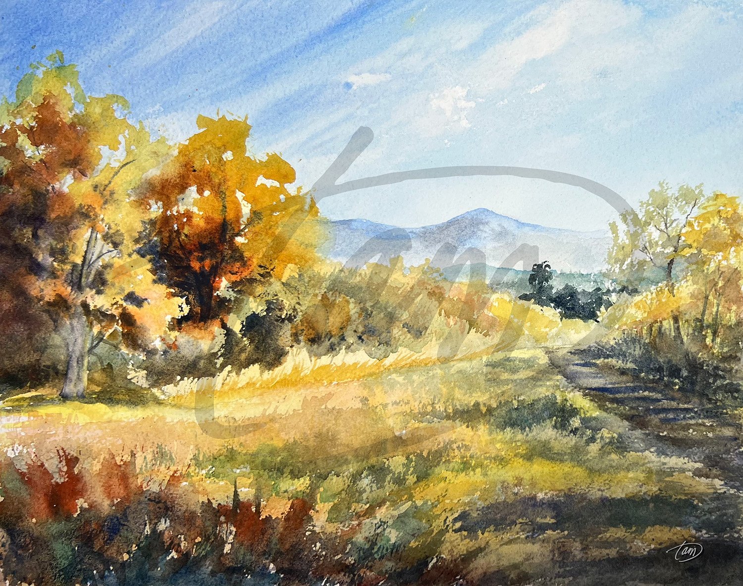  Autumn Vibes at the Meadow   was painted during an exclusive, invitation-only plein air event in the mountains above Morgan, Utah. Along a quiet hiking path beside a sunlit meadow, soft blue mountains stretch in the distance, their calm presence fr