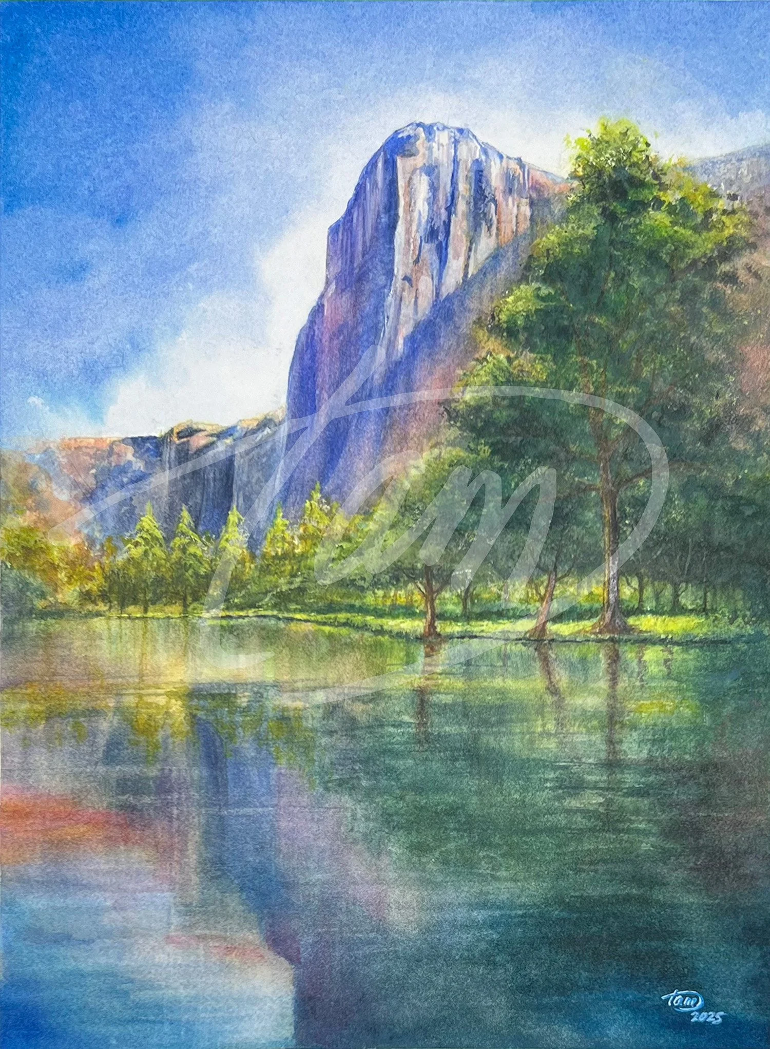   Summer at El Capitan   is a meditation on stillness and scale. Inspired by a summer visit to Yosemite, the painting captures the towering granite face of El Capitan mirrored in the water below, framed by drifting clouds and forest reflections. Rath