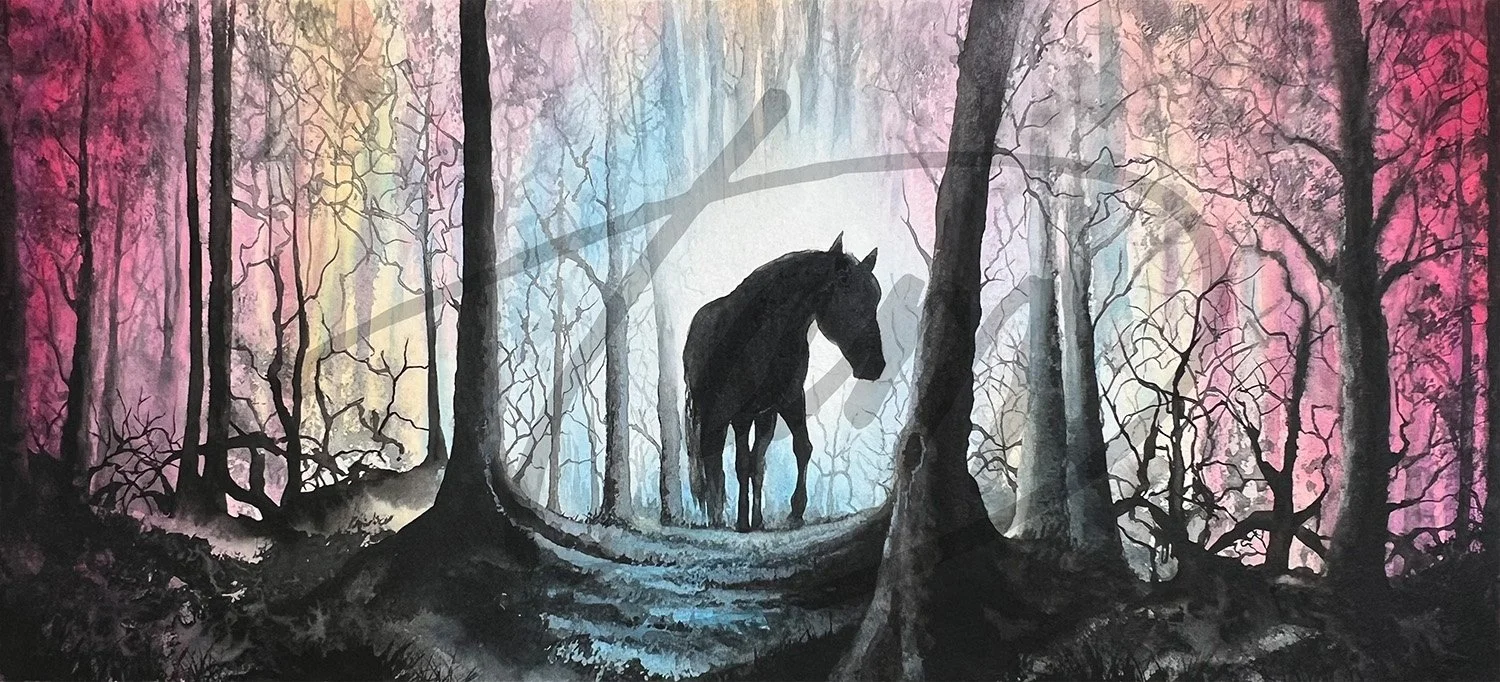   Hope    – Colorful mist parts in a thorned, lifeless forest, and a horse moves steadily through it. There is no panic here, no rush to escape. A quiet glow lingers, subtle but undeniable, cutting through what looks spent and broken. This is hope wi