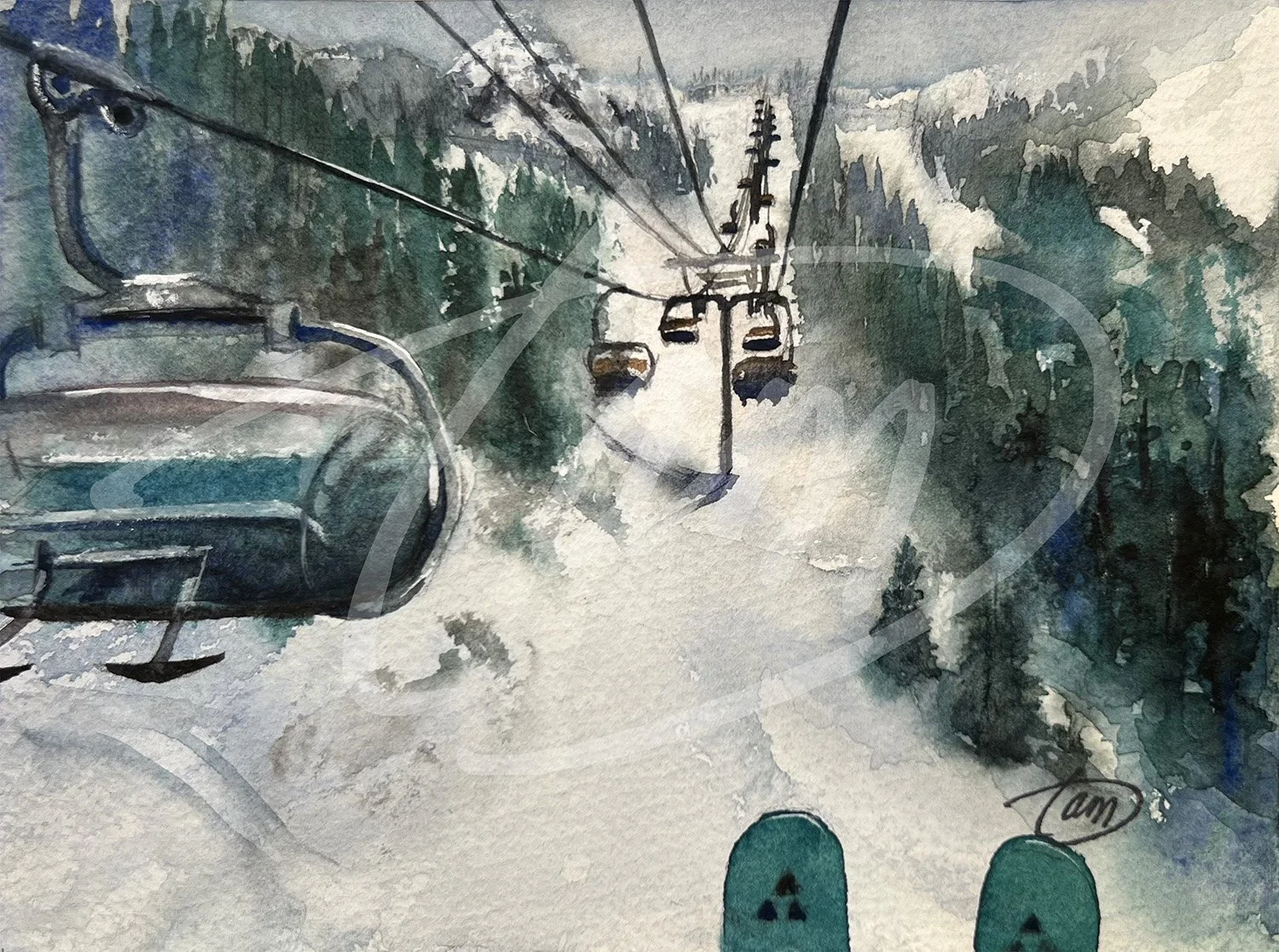   Moody Lift to Diamond    – This was painted during an exclusive winter painting event in the mountains above Morgan, Utah. From the quiet vantage of a skier suspended mid-ascent, this painting captures the long, hushed climb toward the summit. Teal