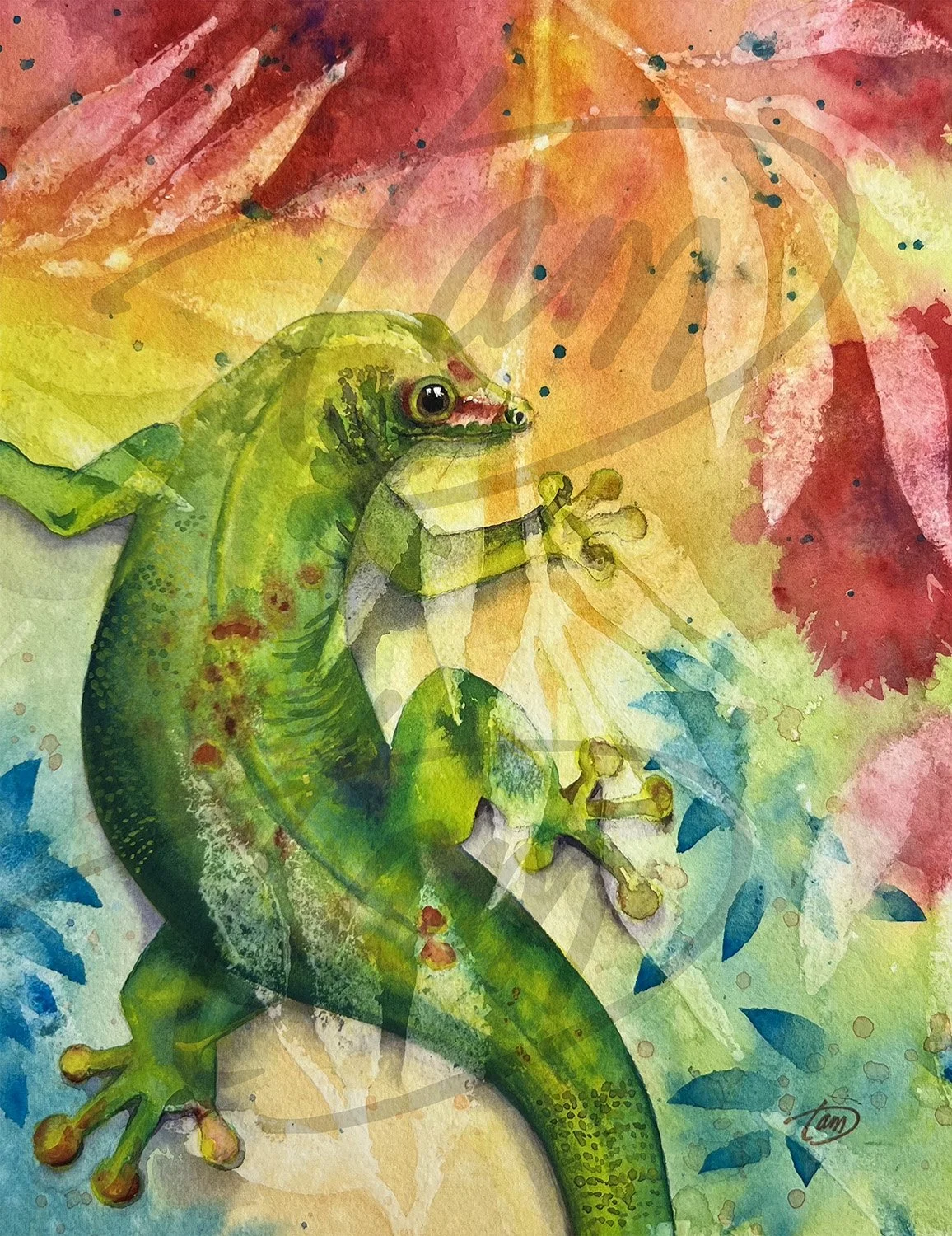    Electric Gecko    – Inspired by the gecko’s ability to adapt, disappear, and reappear, Electric Gecko celebrates color, movement, and transformation. Vibrant layers and mixed media bring this small, fascinating creature to life, capturing its quie