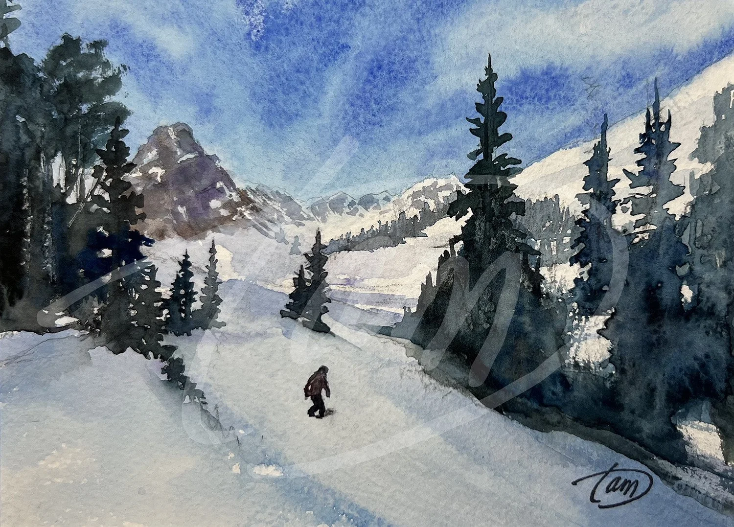   Boarding Down Diamond    Painted on location at a rare, invitation-only plein air gathering above Morgan, Utah, winter 2026. Beyond the sunlit ridgeline, a wide run drops into deep shadow; quiet, cold, and untouched by the day’s warmth. A lone snow