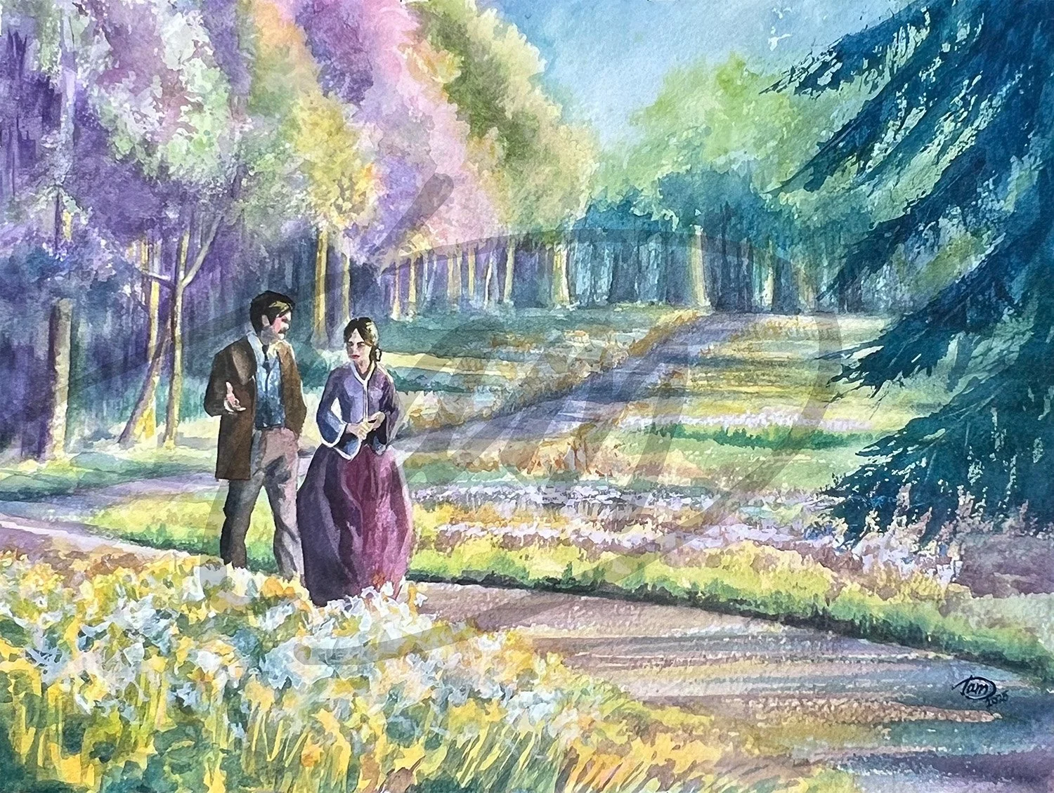    A Discourse in Violet: She Listens Politely     – England, 1870s. In the golden hush of a country garden, a gentleman speaks with conviction; a lady in a rich violet gown listens with practiced grace. Her fingers turn a wedding band—idly, or perha