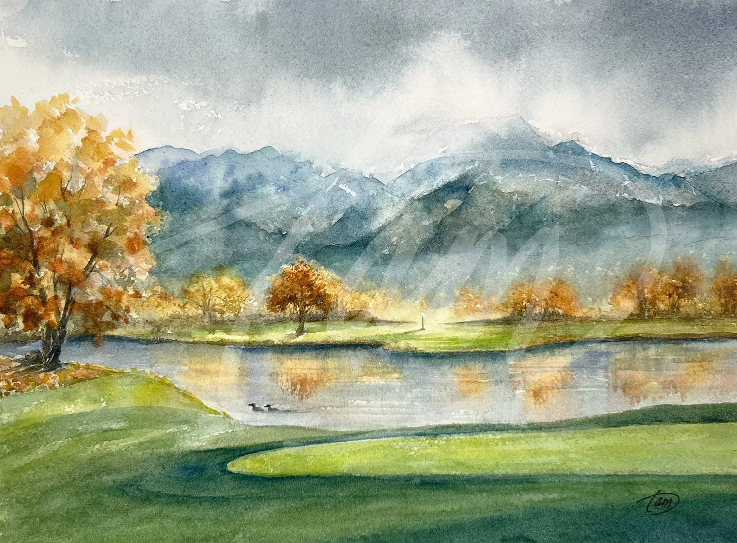   Green at the Edge of Winter   – Well into November, the Logan River Golf Course settles under shifting mists as storm clouds gather over the valley. Autumn’s last colors fade into the fog, leaving the mountains half-revealed and cold. In the distan