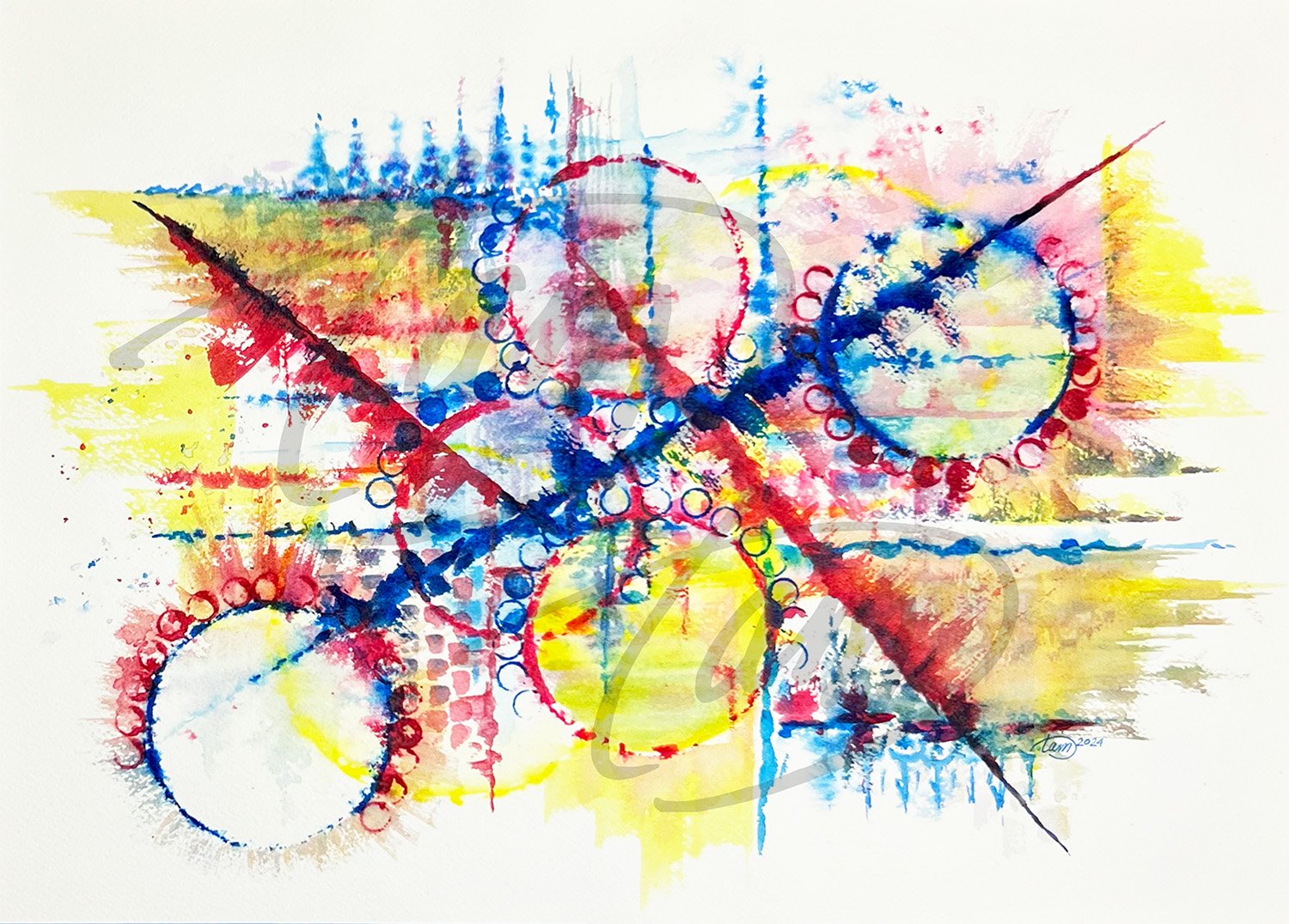   Primarily Violent    –This abstract plays on both color and impact. Using blue, red, and yellow hues, the composition contrasts circular and geometric forms cut through by sharp, aggressive slashes of red and blue. These interruptions fracture the 