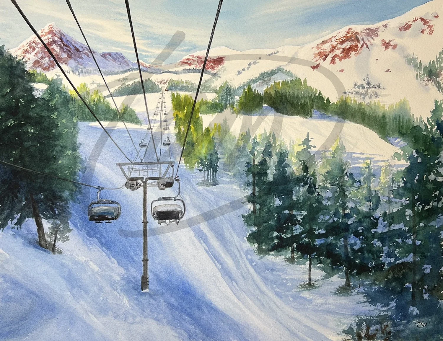   Diamond Peak Lift    This was painted during an exclusive winter painting event in the mountains above Morgan, Utah. Beautiful new runs at the top of the lift offer breathtaking, skiable views. Gorgeous snow-covered mountains loomed in the distance