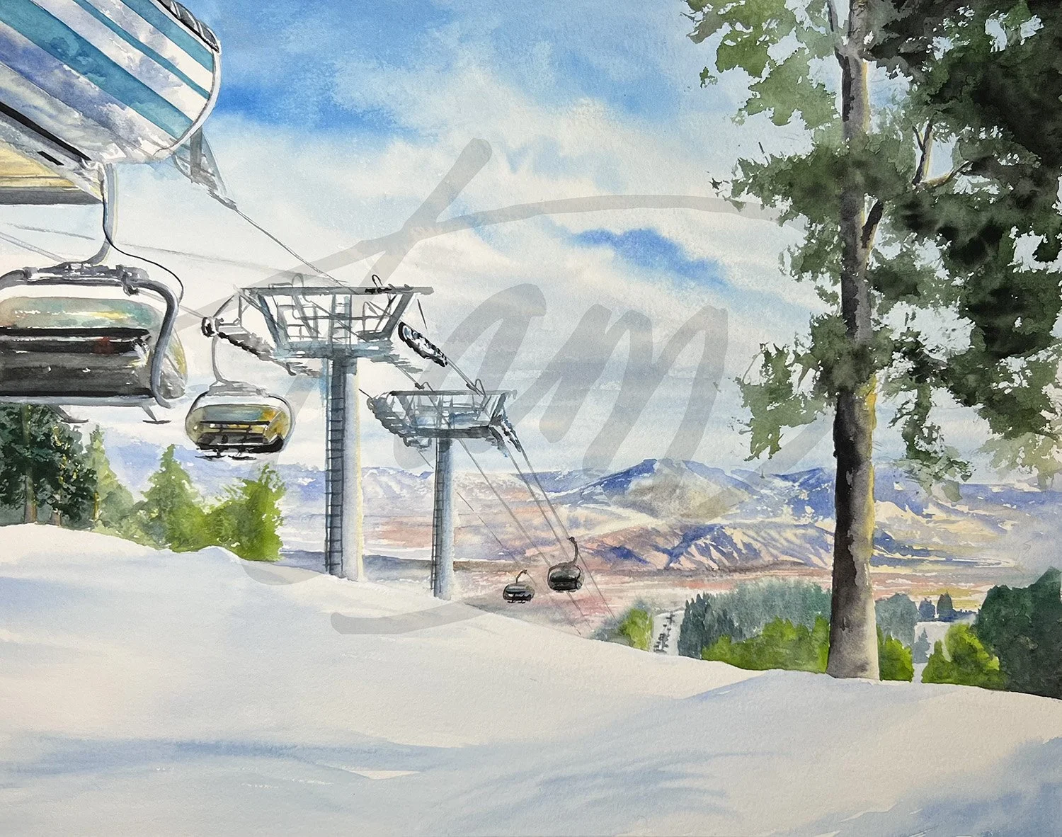   Ski Lift Over Morgan Valley    – This was painted during an exclusive winter painting event in the mountains above Morgan, Utah. As you exit the lift and head back down the mountain, sweeping views of the valley below delight as soft colors mingle,