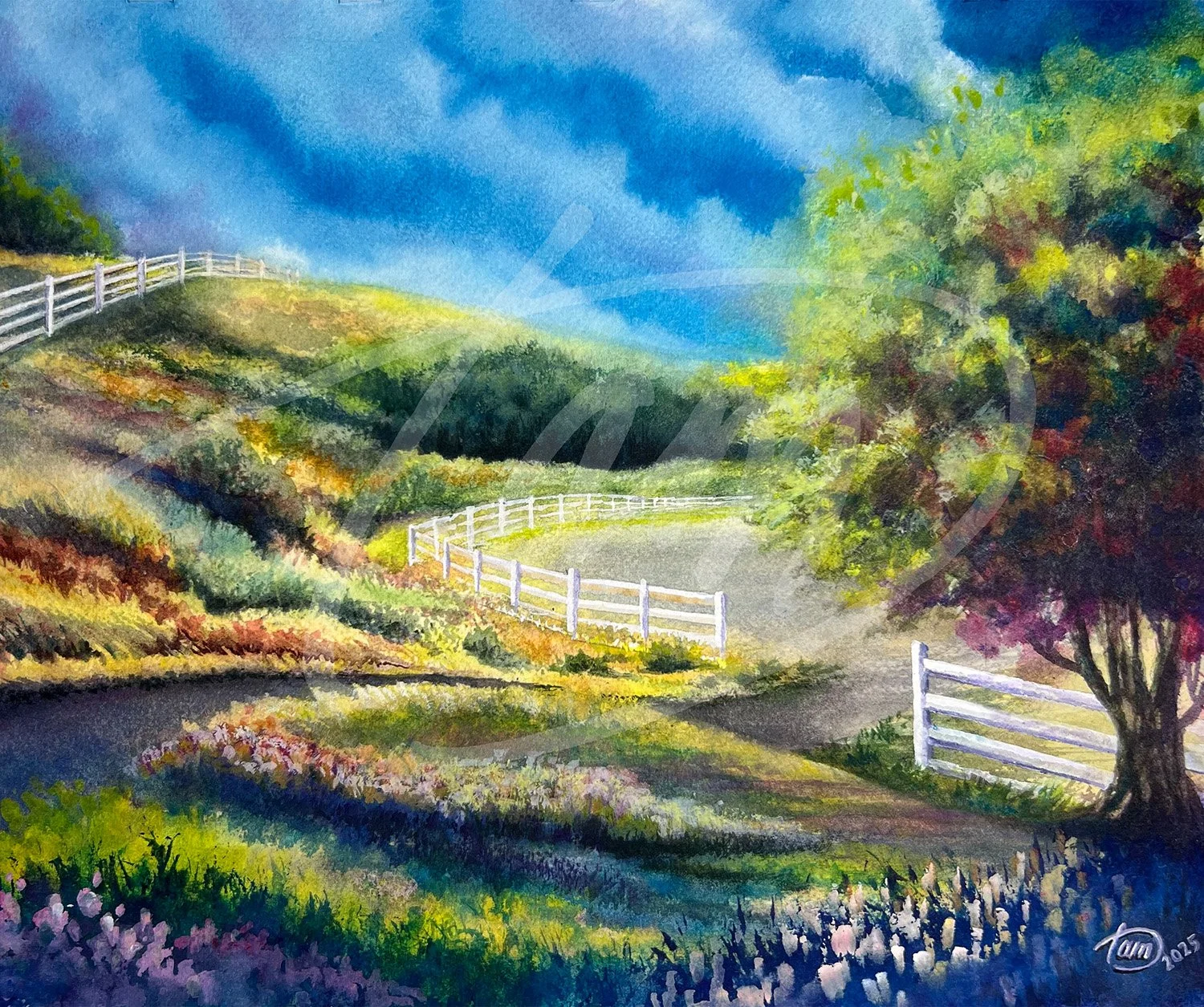   Beneath a Brooding Sky   captures a landscape not bound by realism, but shaped by feeling. Rich, exaggerated color pushes past the literal to evoke a moody vibrancy—wildflowers blaze, the sky churns, and a lone tree anchors the scene. White fences,