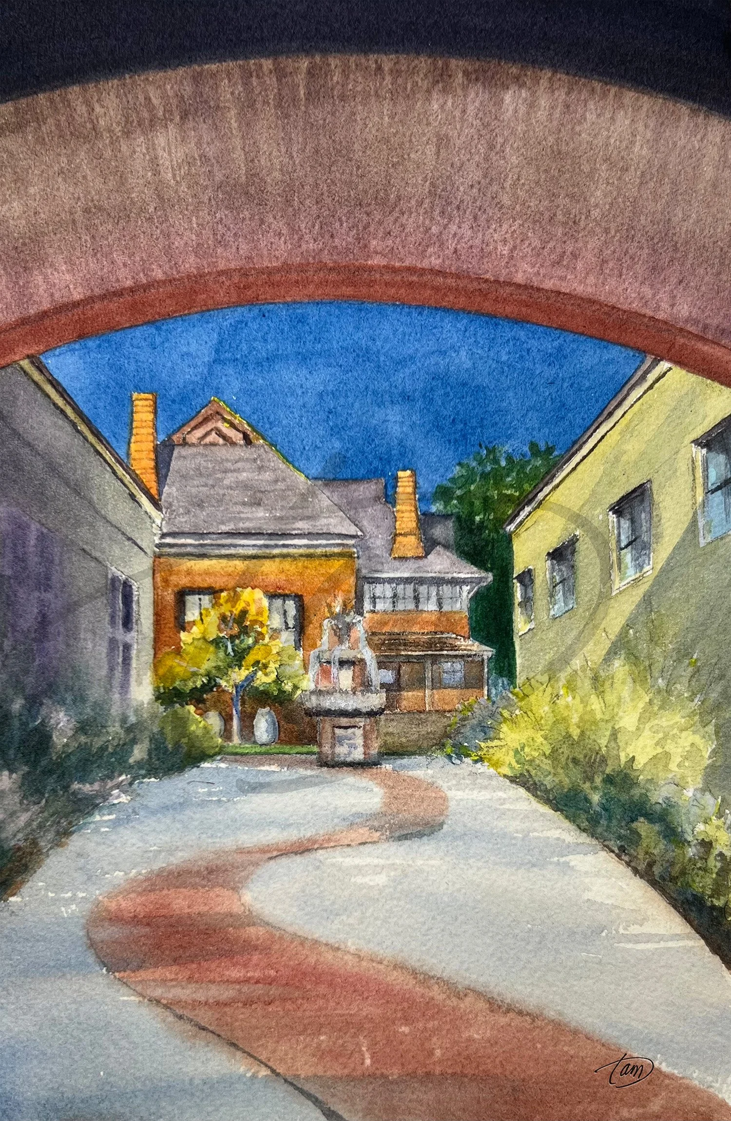    Rear View Ablaze (Eccles Courtyard 2)   – The winding cobbled path snakes between the buildings, leading to the sun-drenched back of the Victorian mansion. Morning light ignites the bricks, and shadows play along the path, transforming familiar ar