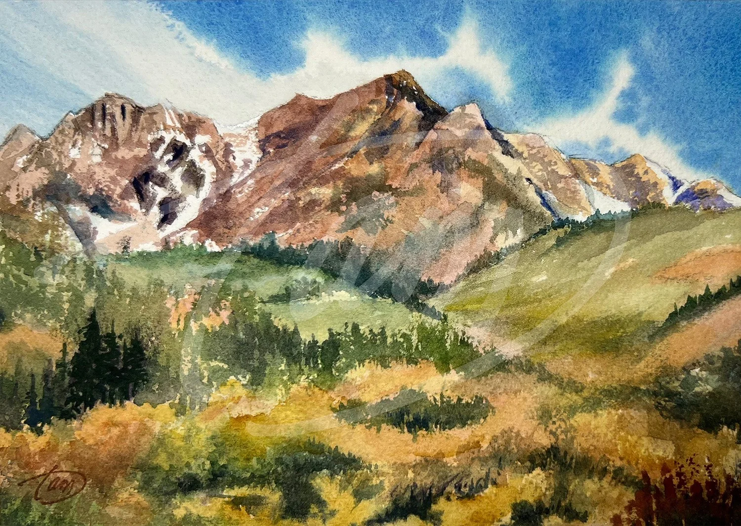   Where Peaks Meet Gold   was painted during an exclusive fall plein air event in the mountains above Morgan, Utah. Golden autumn foliage carpets the lower slopes, climbing toward snow-dusted peaks that rise sharply into a crisp cobalt sky. The contr