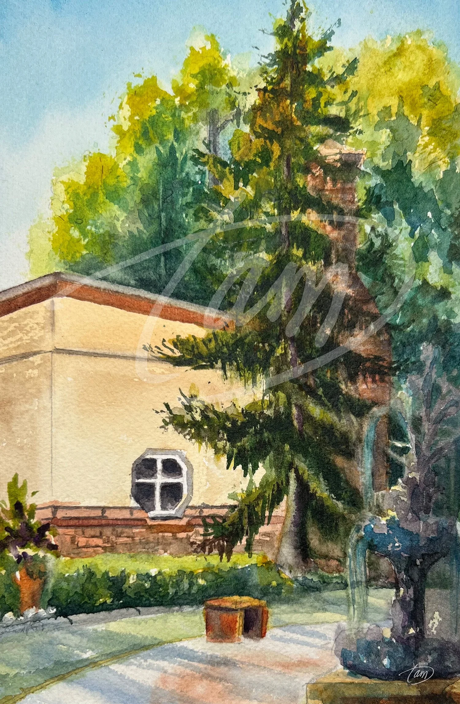    Morning at the Courtyard (Eccles Courtyard 1)   – The first rays of morning spill across the Eccles courtyard, catching the fountain’s gentle spray and the shadow of the towering evergreen. A lone bench sits patiently, inviting a quiet moment, as 