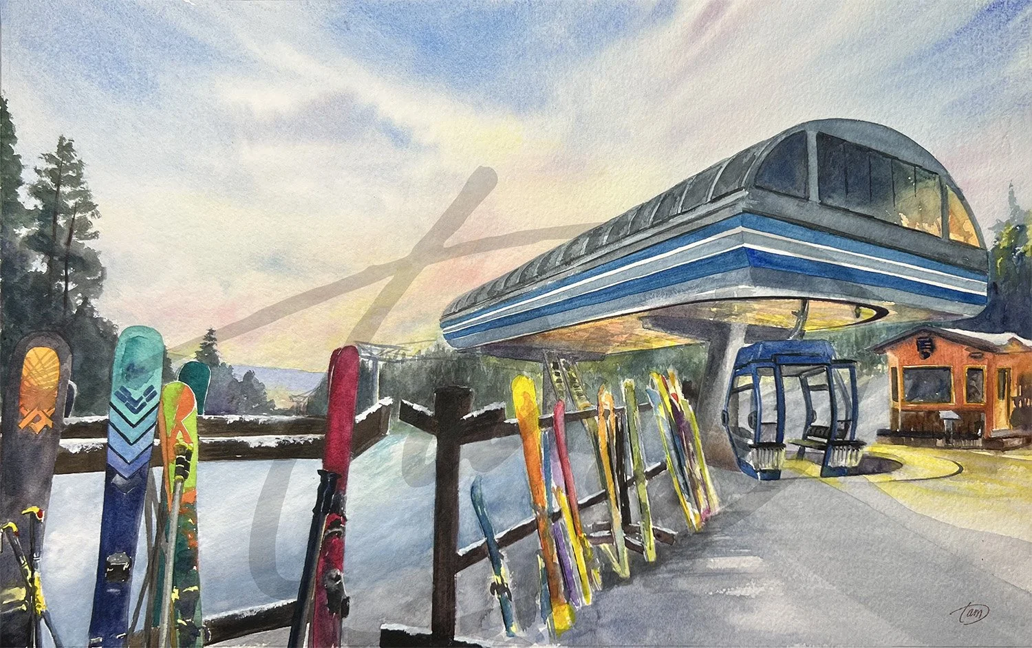   Morning Skis at Top of Gondola Lift    This was painted during an exclusive winter painting event in the mountains above Morgan, Utah. Morning glow at daybreak brought an explosion of colors at  the top of the lift, a festive celebration of the day