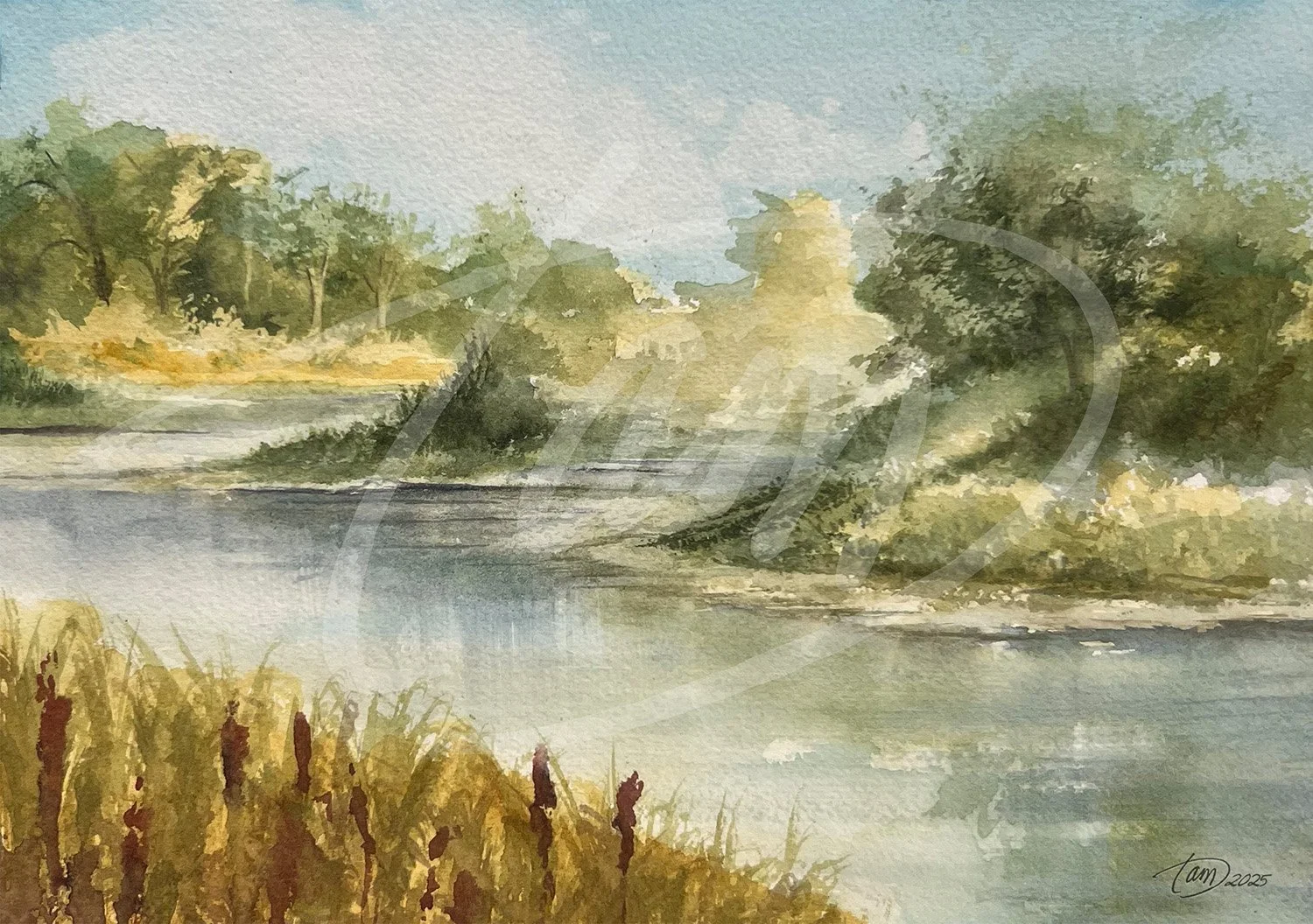    Reflections in the Golden Hour   captures the gentle emergence of a new day, moments after the sun crests and begins to bathe the landscape in soft golden light. That glow reveals serene, cool-blue reflections in the quiet unfolding of morning alo