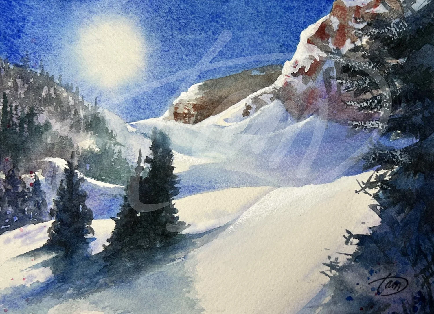   Bluebird Day on the Slopes    Painted on location at a rare, invitation-only plein air gathering above Morgan, Utah, winter 2026. The mountain opened under a cloudless sky, ski runs untouched, light sharp and unfiltered. Red rock cliffs radiated wa