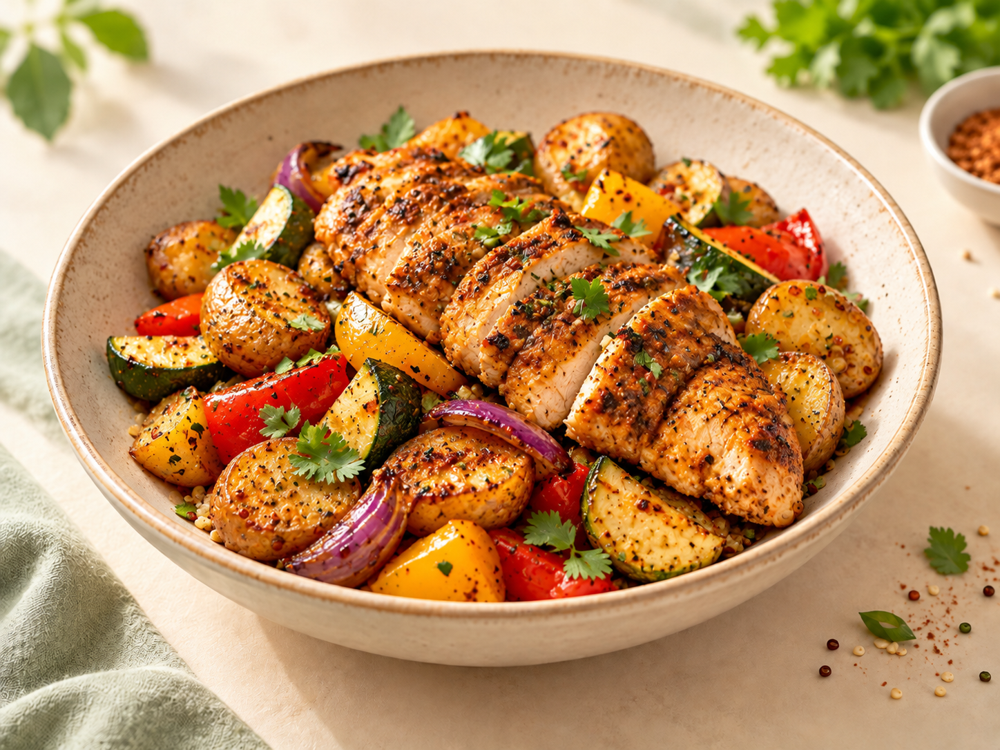 Poulet cajun, grenailles & légumes