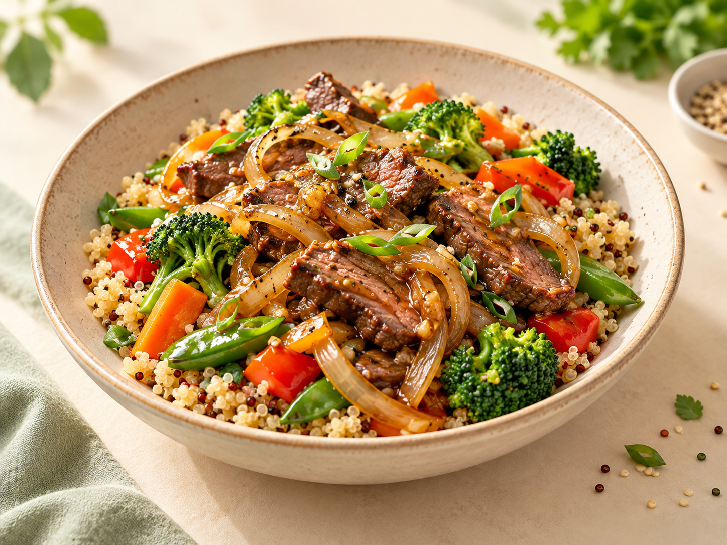 Bœuf aux oignons, quinoa & légumes