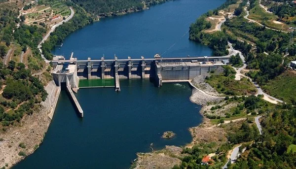 Aerial view of Carrapatelo Lock, the tallest river lock in Europe, on the Douro River.