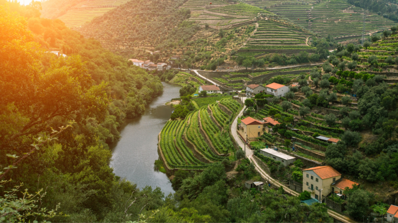 Hiking landscape with terraced hillsides, riverside villages, and surrounding countryside.