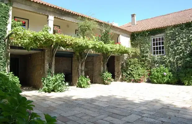 Stone-paved courtyard at Casa de Tormes with climbing plants and traditional balconies.