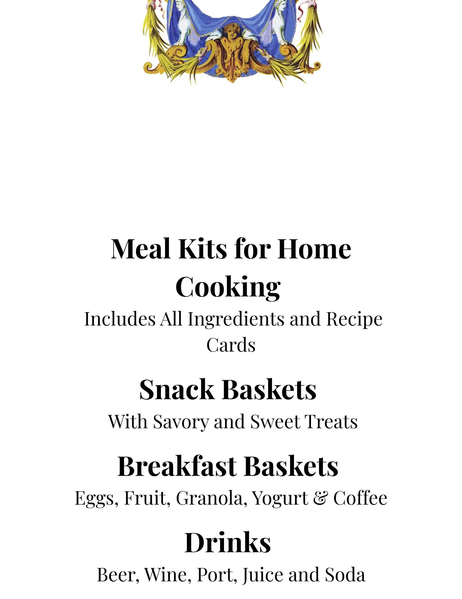 Menu outlining meal kits, snack baskets, breakfast baskets, and drink options available to guests at Casa Belo Horizonte.