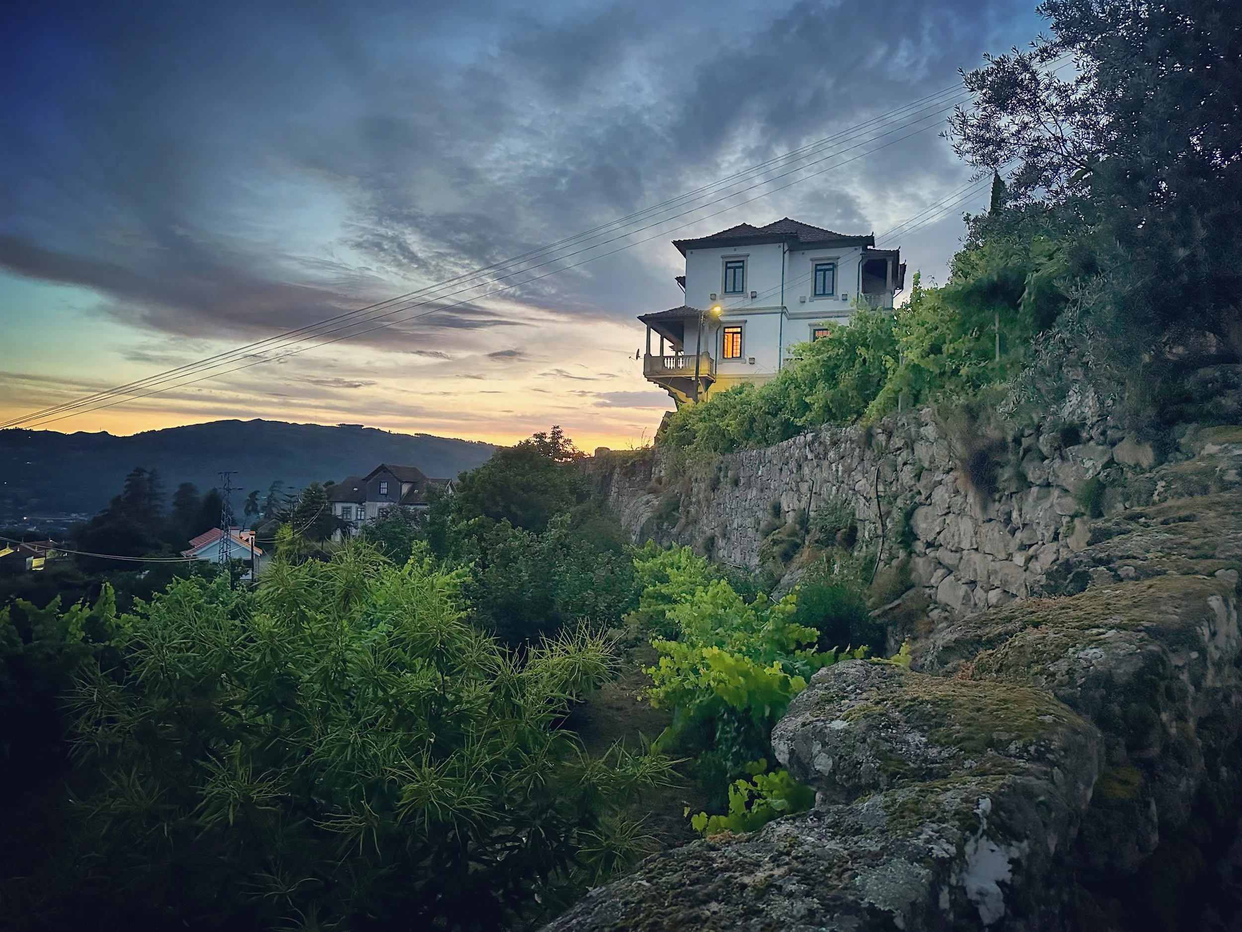 A house on a hillside at dusk, with a mix of green plants and rocks in the foreground, and other houses and a mountain range in the background under a partly cloudy sky.