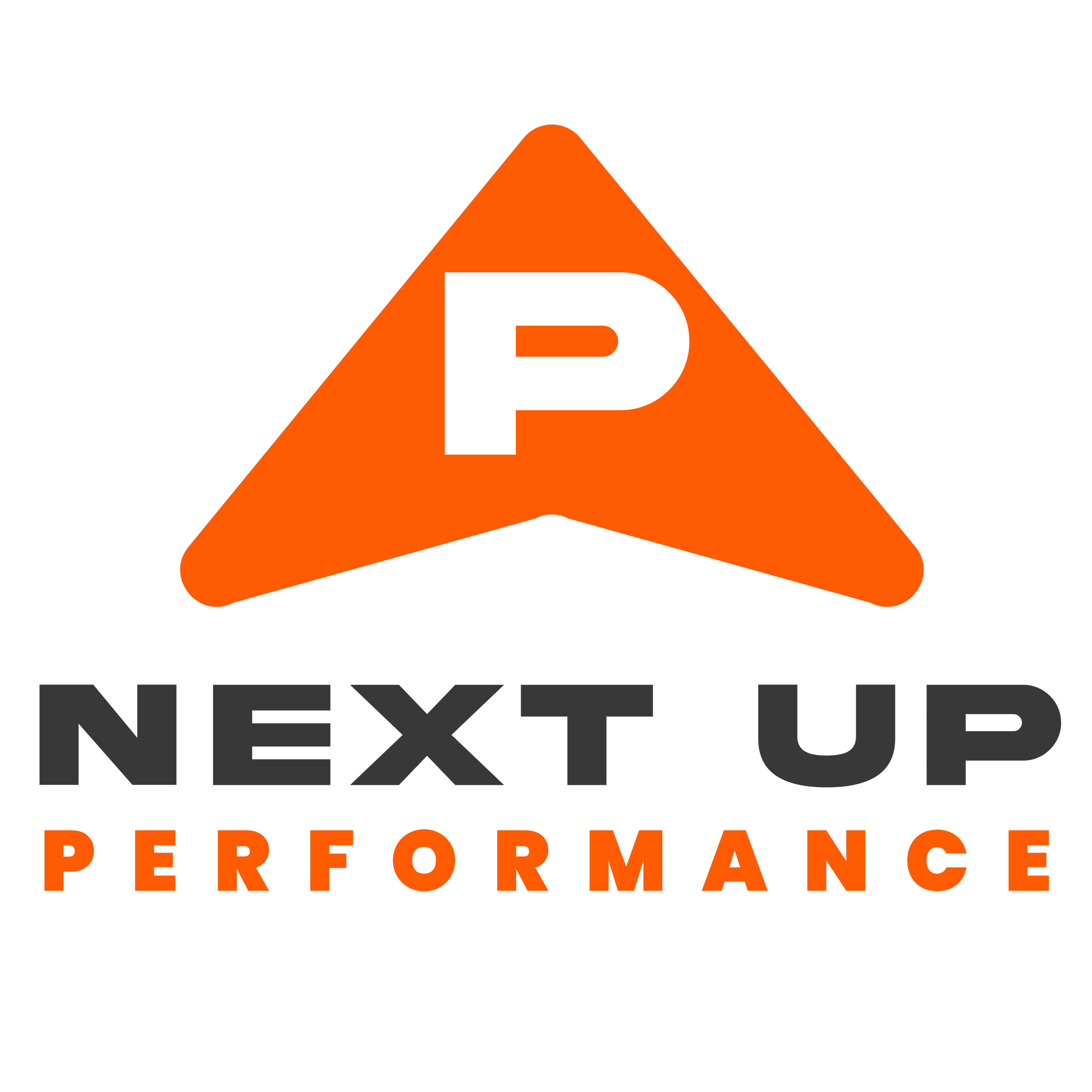 Logo with an orange triangle containing a white letter 'P', and the words 'Next Up' in gray and 'Performance' in orange below.