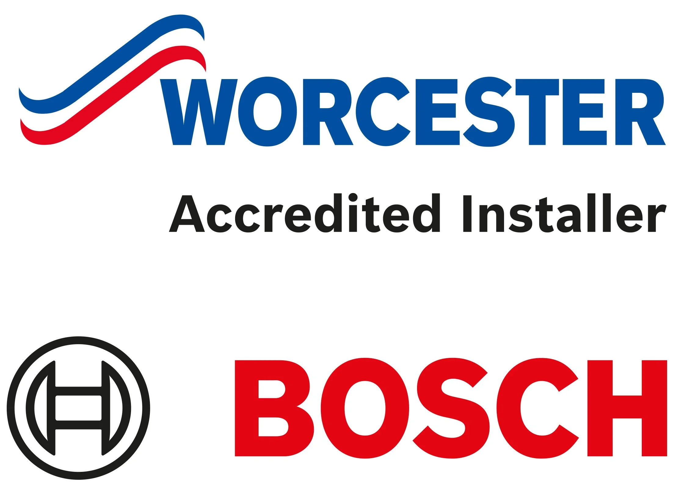 Worcester Accredited Installer logo with red, white, and blue design, Bosch logo with black and red text, and an icon combining black lines in a circle.