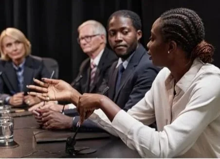 People sitting at a conference table during a discussion, with a woman speaking and gesturing with her hand.