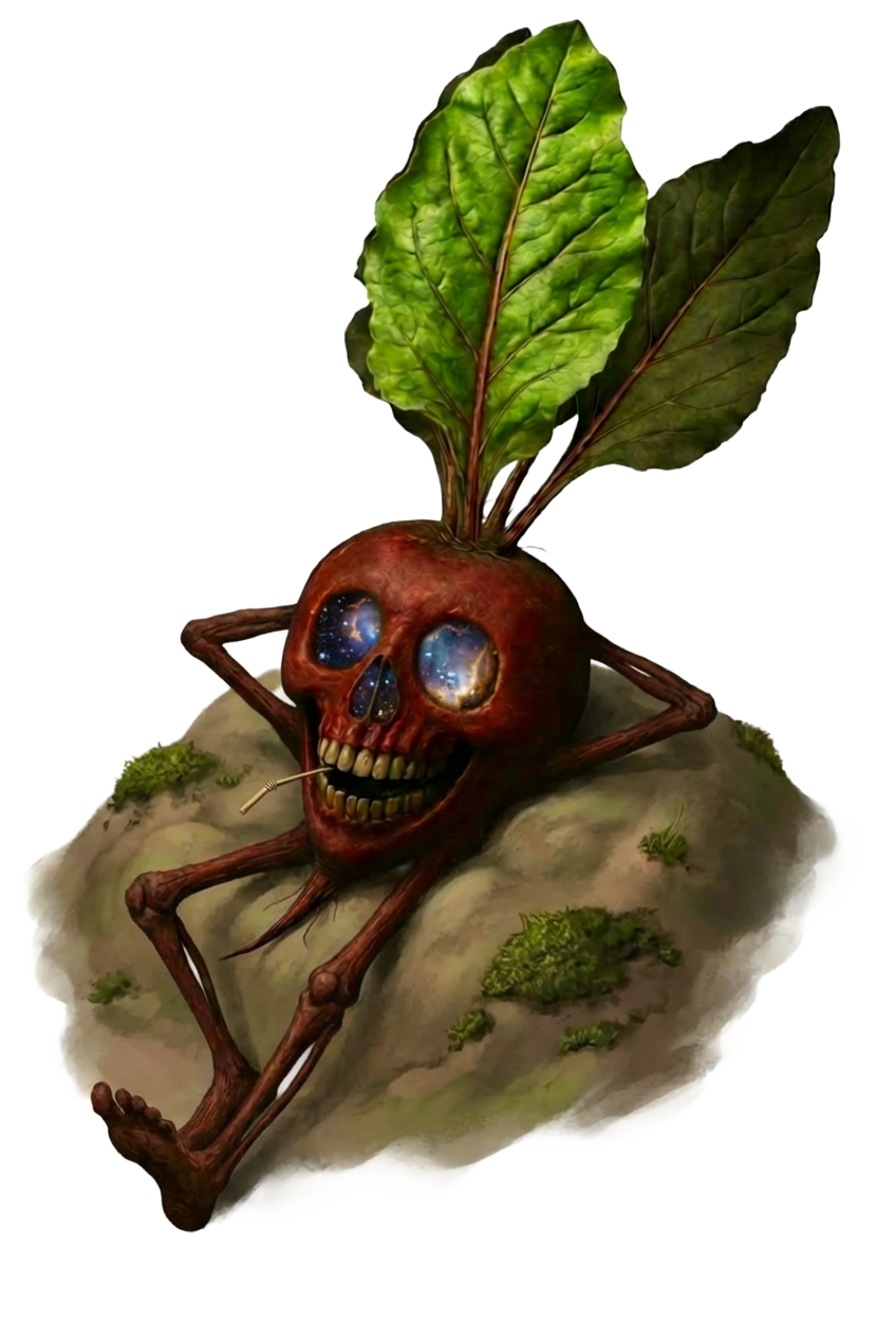 A surreal illustration of a humanoid skull with galaxy-like eyes and a smiling mouth, with insect-like limbs, lying on a rock. It has large green leaves on top of its head.