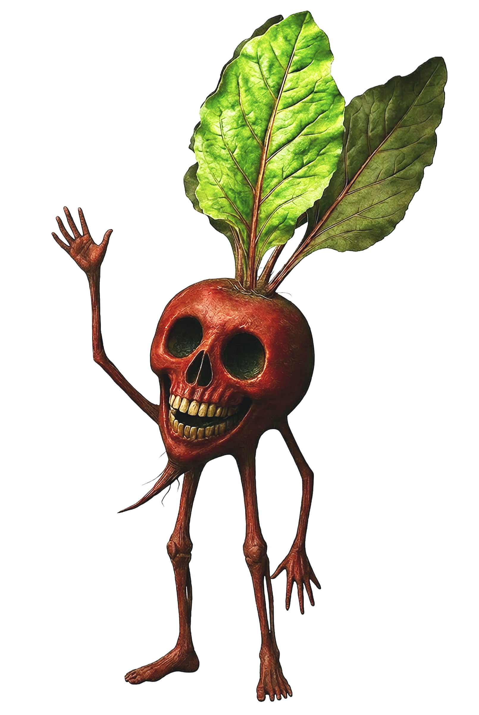 A personified plant with a skull-like face, green leaves on top, and a humanoid body with limbs, waving with one hand.