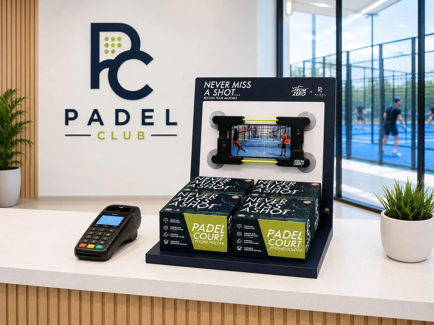 Indoor padel club reception desk with a promotional phone holder display, boxes labeled "Padel Court Phone Holder," and a small digital payment terminal. In the background, several people are playing padel on outdoor courts visible through glass windows.