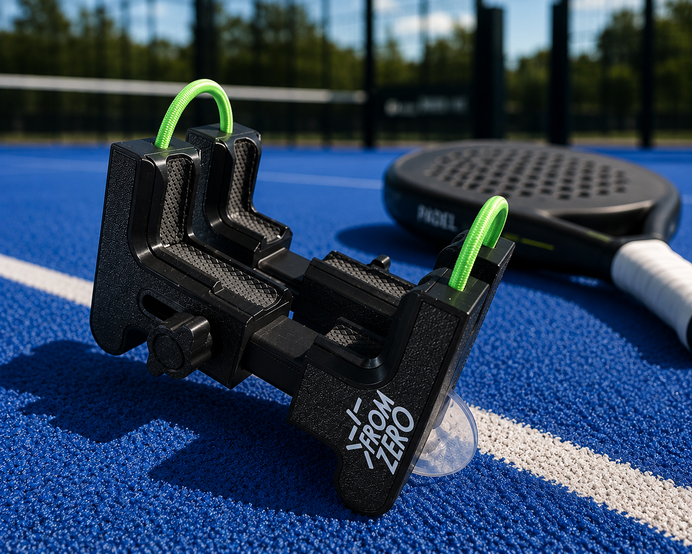 A tennis ball launcher attached to the net of a tennis court with a tennis racket in the background.