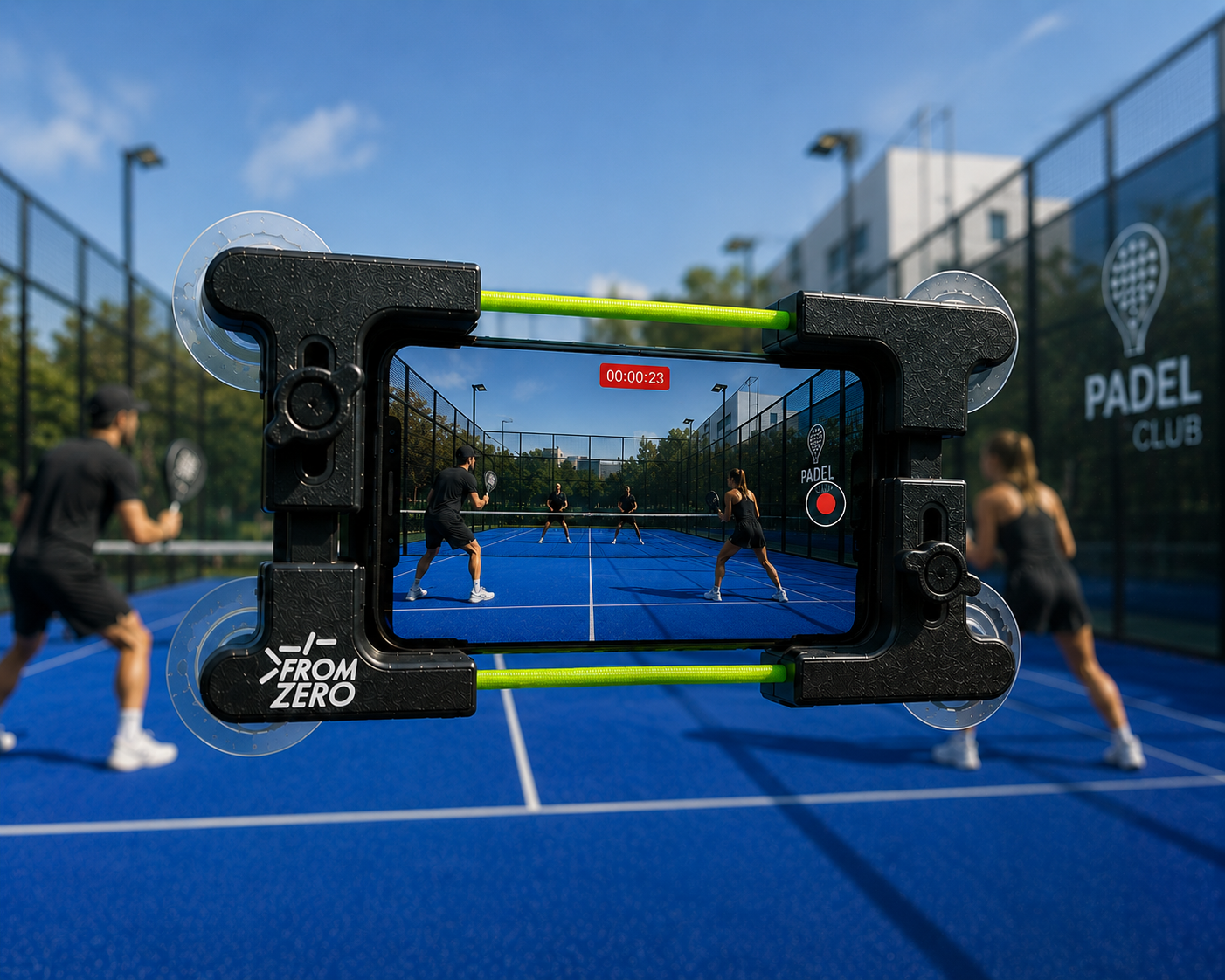 People playing pickleball on a blue outdoor court, with a camera overlay showing the scene being recorded.