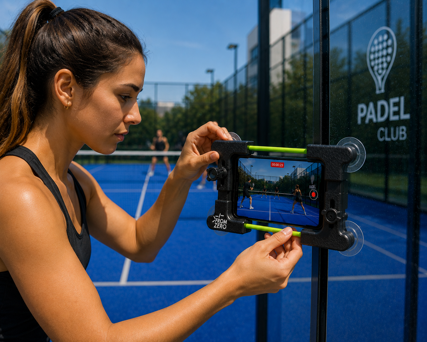 A woman in a black sports top records a padel match on her smartphone using a stabilizer mounted on a glass padel court, with players visible in the background.