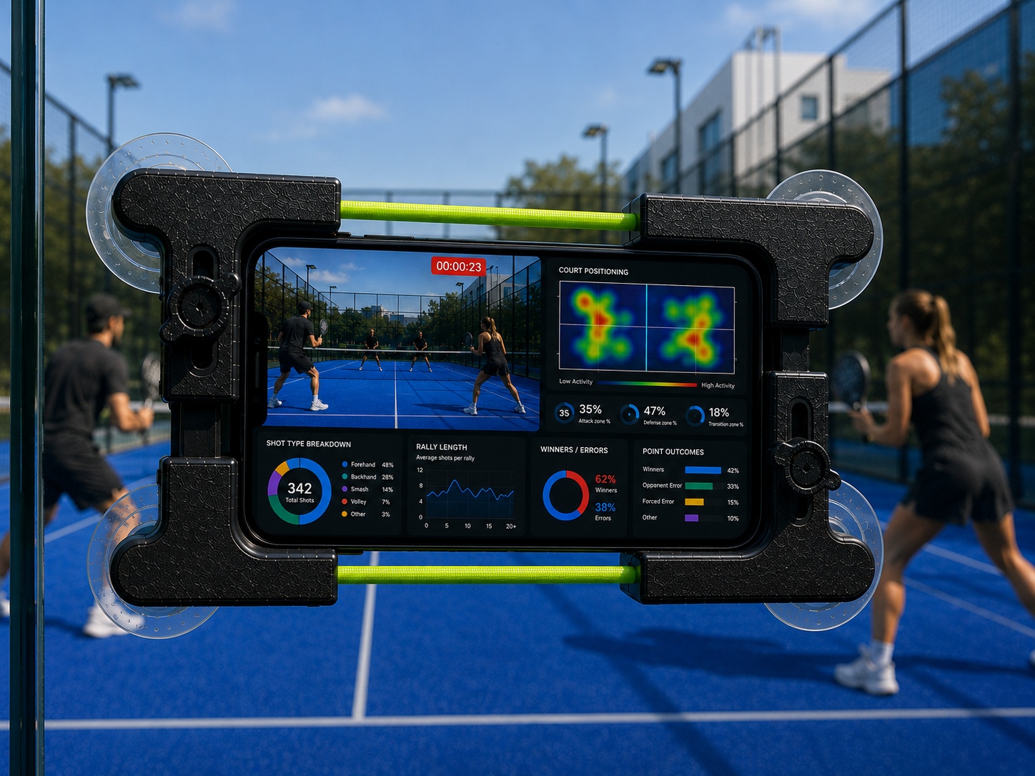 A smartphone mounted on a portable frame recording a group of four people playing doubles tennis on a blue court, with data and analytics displayed on the screen.