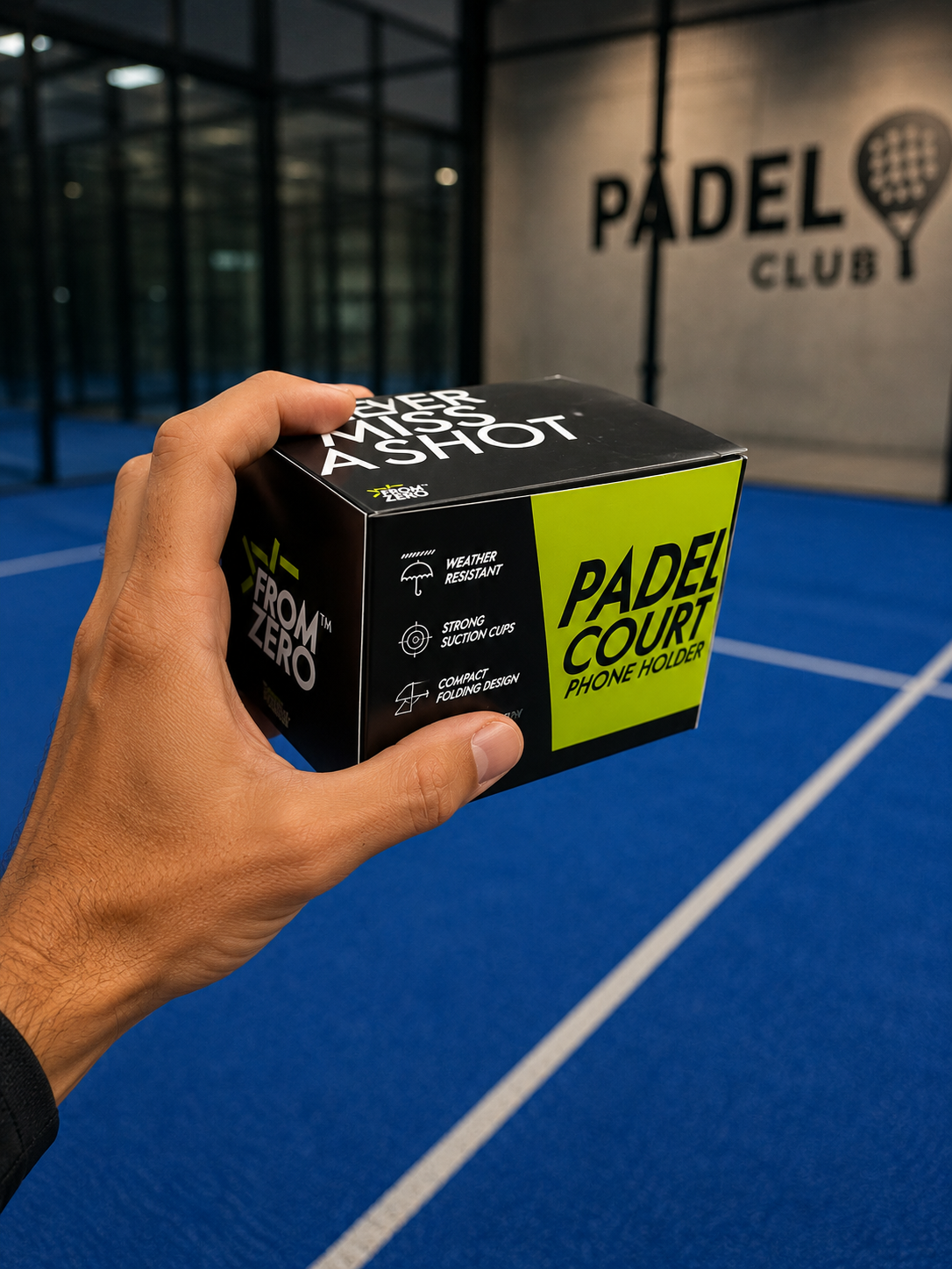 A hand holding a black and green box labeled Padel Court Phone Holder inside a padel tennis court with a blue surface and white lines. The background shows a wall with the words 'Padel Club' and a tennis racket logo.