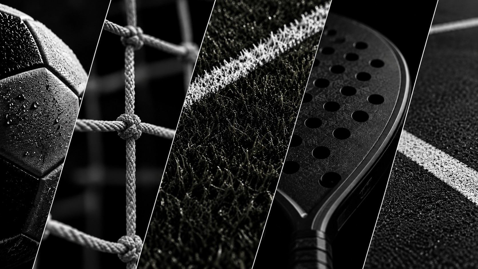 Collage of five black and white close-up images of sports equipment, including a soccer ball with water droplets, a net, a grass field, a tennis racket, and a tennis court line.