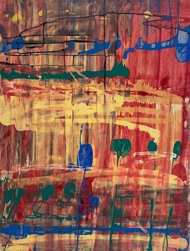Abstract painting with red, yellow, green, blue, and black brushstrokes and drips.