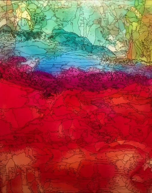 Colorful topographic looking map with contour lines, showing elevation changes in various shades from green and blue to red.