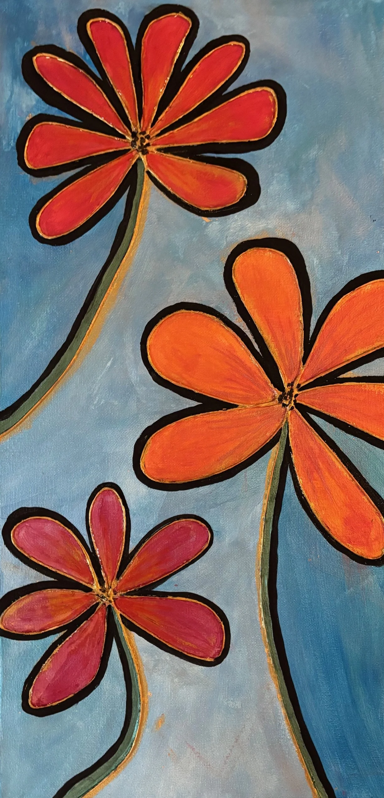 Painting of three stylized flowers with pink and orange petals outlined in black, set against a blue background.