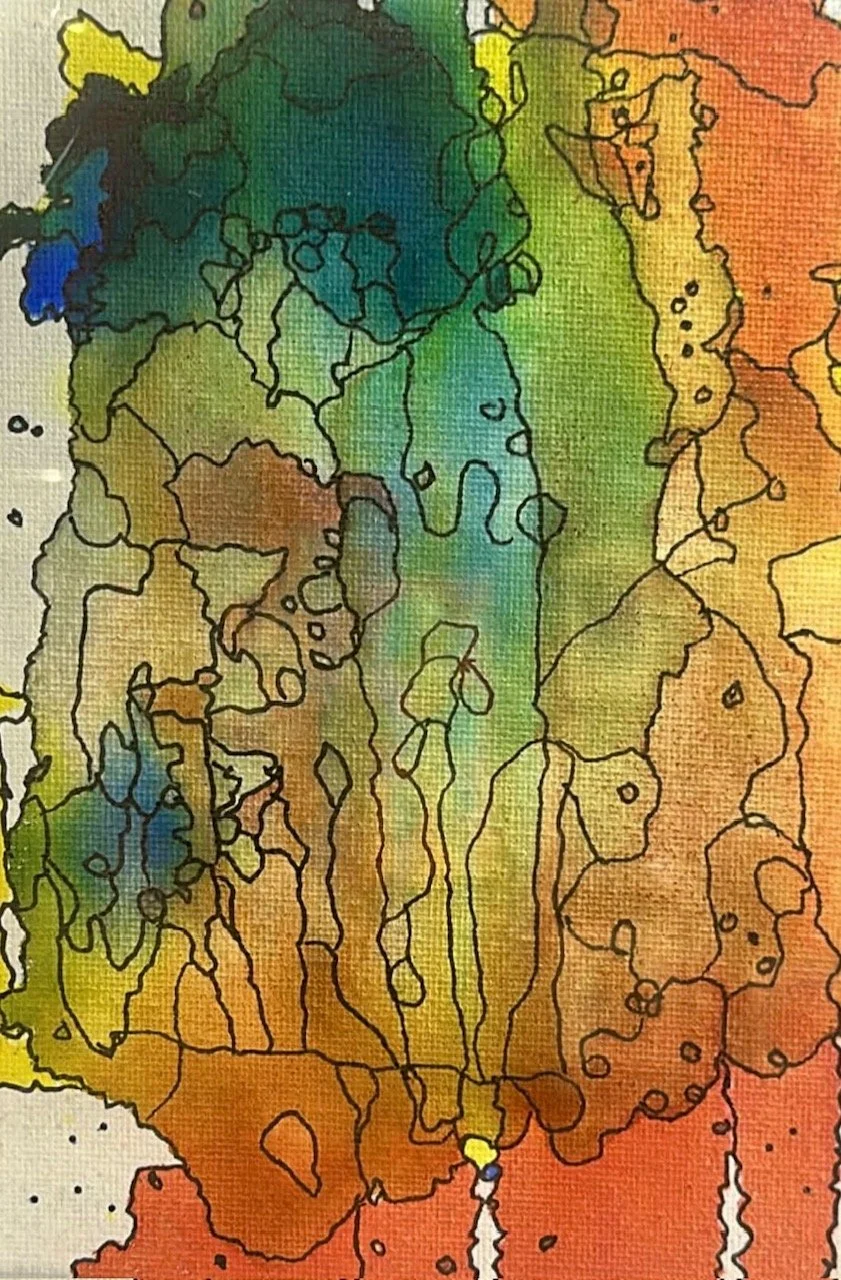 Abstract artwork with black contour lines and a mix of colors including green, blue, yellow, orange, and red.